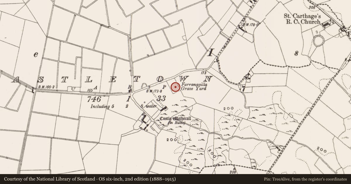 Ordnance Survey six-inch map, 2nd edition (1888–1915) covering the location of Bullaun stone, Castletown, County Offaly, with a pin at the register's coordinates