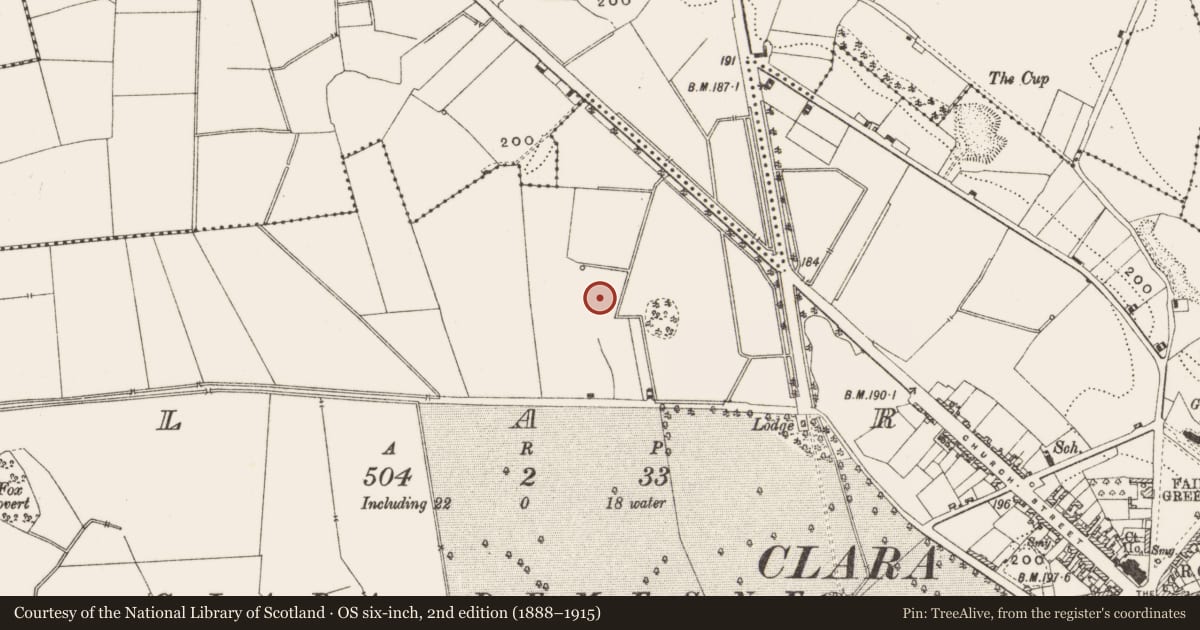 Ordnance Survey six-inch map, 2nd edition (1888–1915) covering the location of Enclosure, Clara, County Offaly, with a pin at the register's coordinates