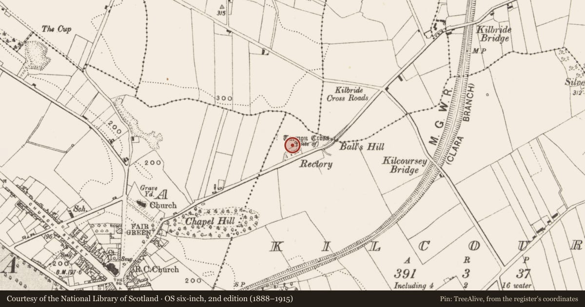 Ordnance Survey six-inch map, 2nd edition (1888–1915) covering the location of Cross - Termon cross, Kilcoursey, County Offaly, with a pin at the register's coordinates