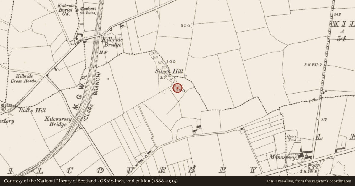 Ordnance Survey six-inch map, 2nd edition (1888–1915) covering the location of Mound, Kilcoursey, County Offaly, with a pin at the register's coordinates