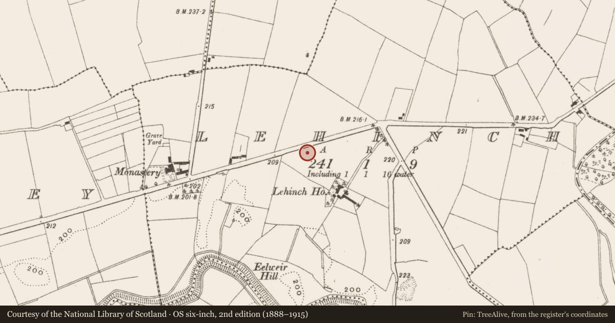 Ordnance Survey six-inch map, 2nd edition (1888–1915) covering the location of Burial ground, Lehinch, County Offaly, with a pin at the register's coordinates