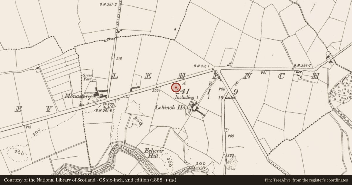 Ordnance Survey six-inch map, 2nd edition (1888–1915) covering the location of Cremation pit, Lehinch, County Offaly, with a pin at the register's coordinates