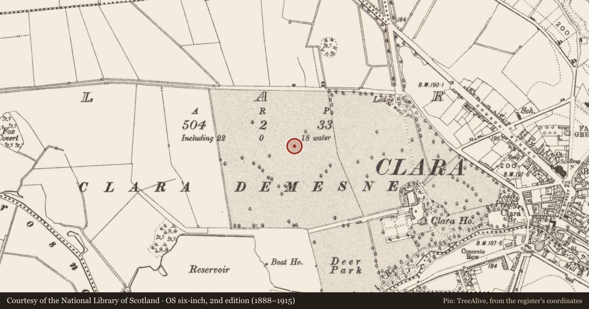 Ordnance Survey six-inch map, 2nd edition (1888–1915) covering the location of Enclosure, Clara, County Offaly, with a pin at the register's coordinates