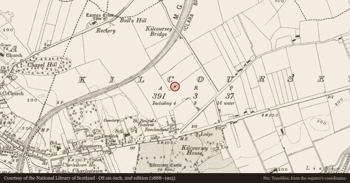 Ordnance Survey six-inch map, 2nd edition (1888–1915) covering the location of Enclosure, Kilcoursey, County Offaly, with a pin at the register's coordinates