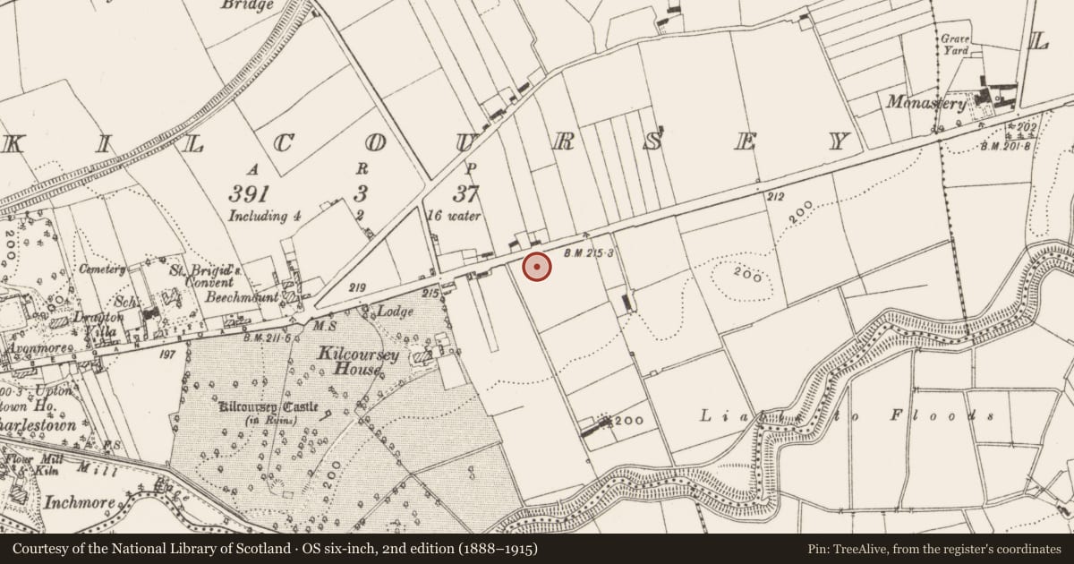 Ordnance Survey six-inch map, 2nd edition (1888–1915) covering the location of Enclosure, Kilcoursey, County Offaly, with a pin at the register's coordinates