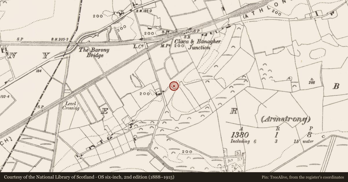 Ordnance Survey six-inch map, 2nd edition (1888–1915) covering the location of Earthwork, Erry (Armstrong), County Offaly, with a pin at the register's coordinates