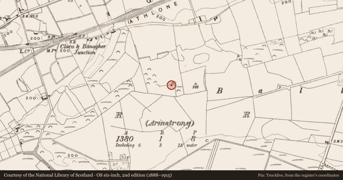 Ordnance Survey six-inch map, 2nd edition (1888–1915) covering the location of Enclosure, Erry (Armstrong), County Offaly, with a pin at the register's coordinates