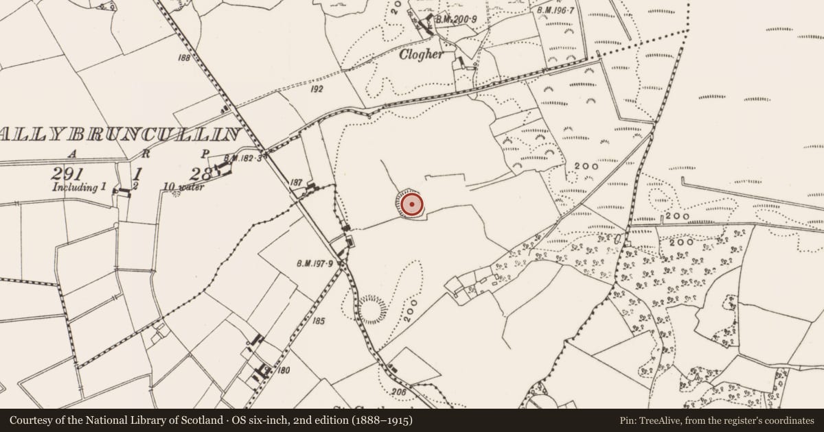 Ordnance Survey six-inch map, 2nd edition (1888–1915) covering the location of Ringfort - unclassified, Ballybruncullin, County Offaly, with a pin at the register's coordinates