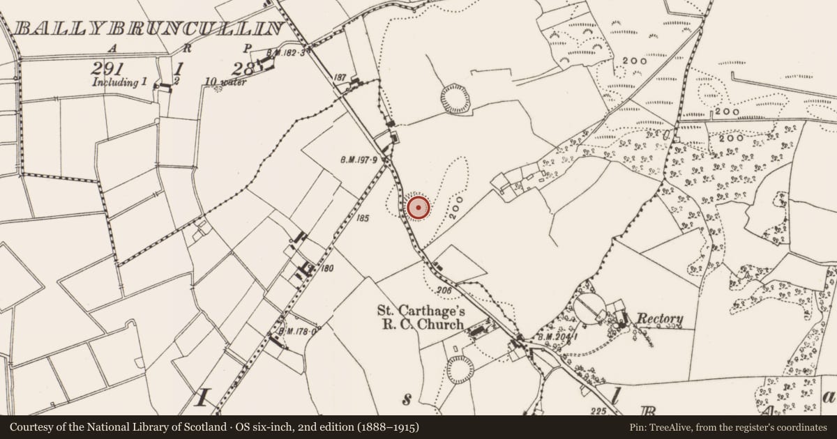 Ordnance Survey six-inch map, 2nd edition (1888–1915) covering the location of Ringfort - rath, Ballybruncullin, County Offaly, with a pin at the register's coordinates
