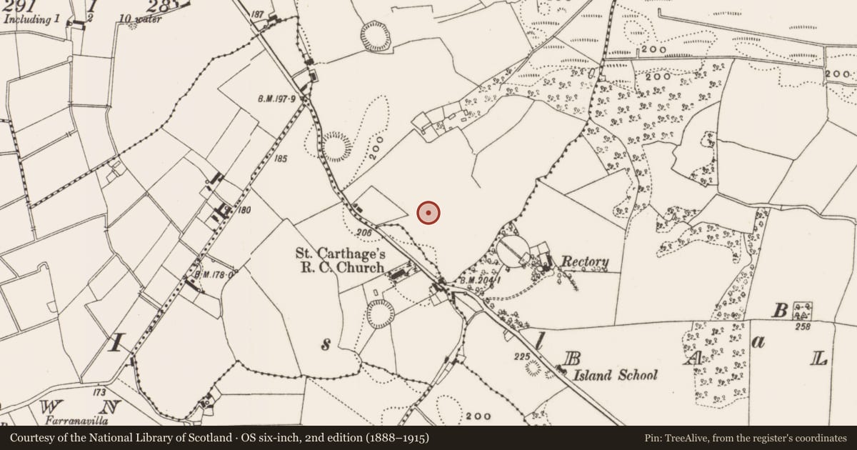 Ordnance Survey six-inch map, 2nd edition (1888–1915) covering the location of Enclosure, Ballybruncullin, County Offaly, with a pin at the register's coordinates