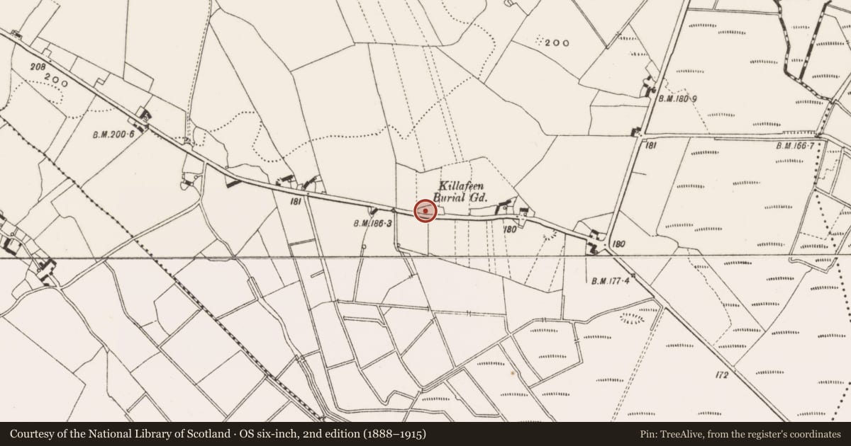 Ordnance Survey six-inch map, 2nd edition (1888–1915) covering the location of Burial ground, Ballina, County Offaly, with a pin at the register's coordinates