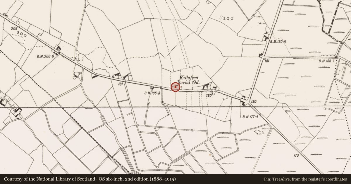 Ordnance Survey six-inch map, 2nd edition (1888–1915) covering the location of Bullaun stone, Ballina, County Offaly, with a pin at the register's coordinates