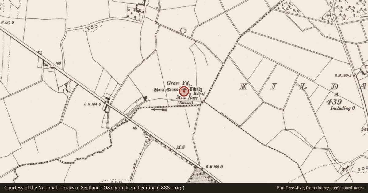 Ordnance Survey six-inch map, 2nd edition (1888–1915) covering the location of Cross-slab, Loughaun, County Offaly, with a pin at the register's coordinates