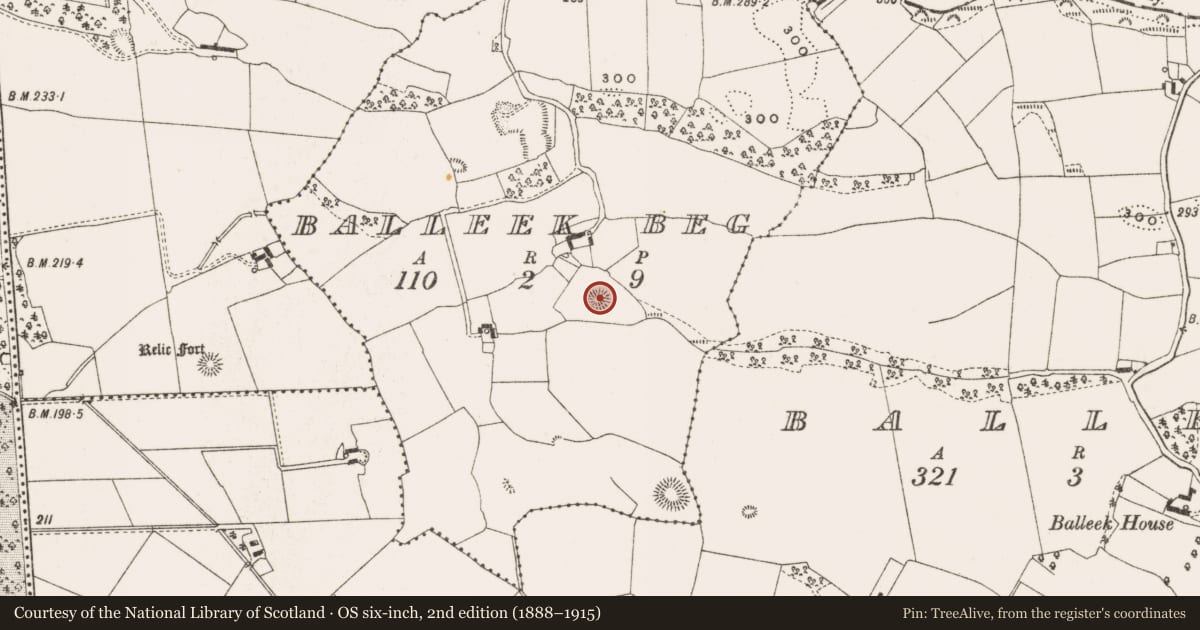 Ordnance Survey six-inch map, 2nd edition (1888–1915) covering the location of Ringfort - rath, Balleek Beg, County Offaly, with a pin at the register's coordinates