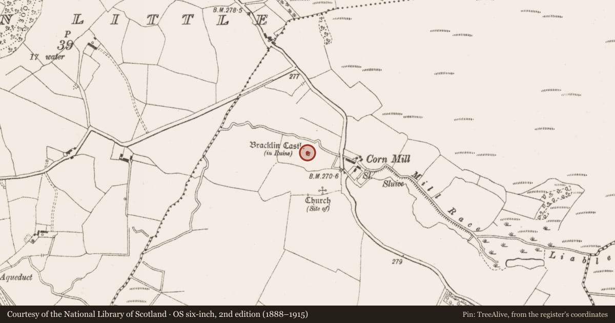 Ordnance Survey six-inch map, 2nd edition (1888–1915) covering the location of Castle - tower house, Bracklin Big, County Offaly, with a pin at the register's coordinates