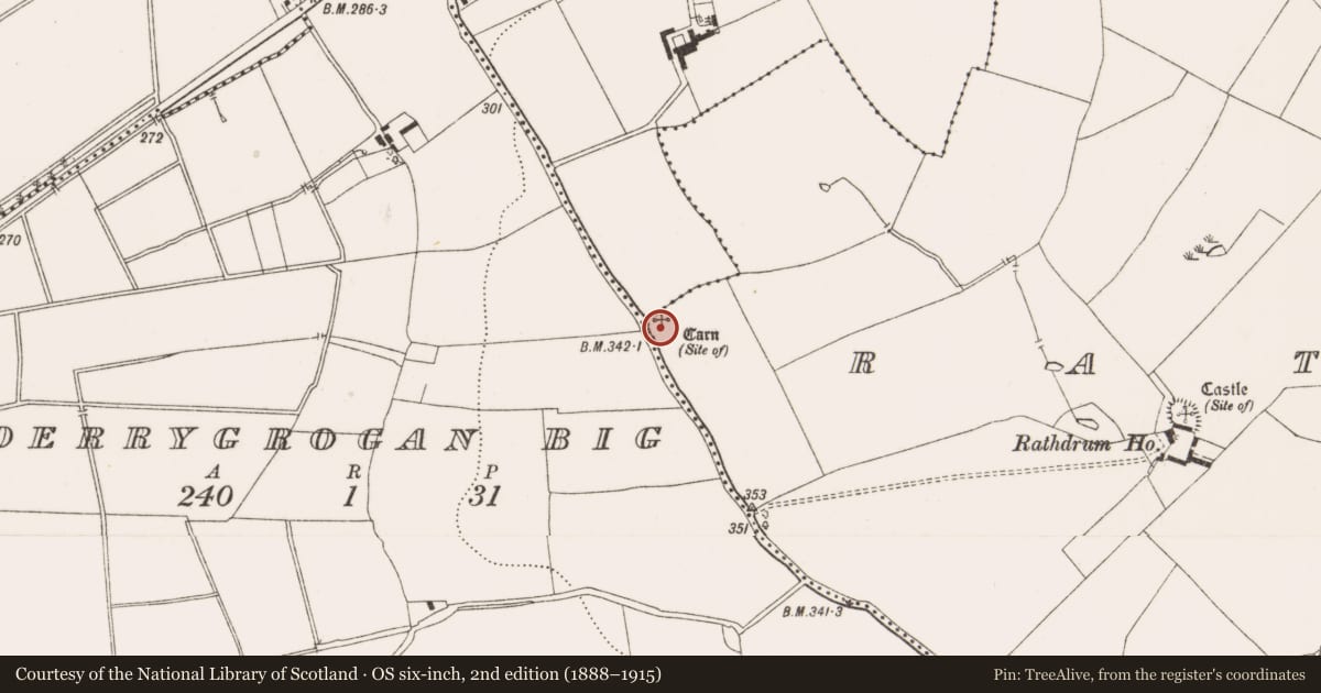 Ordnance Survey six-inch map, 2nd edition (1888–1915) covering the location of Cairn - unclassified, Rathdrum, County Offaly, with a pin at the register's coordinates