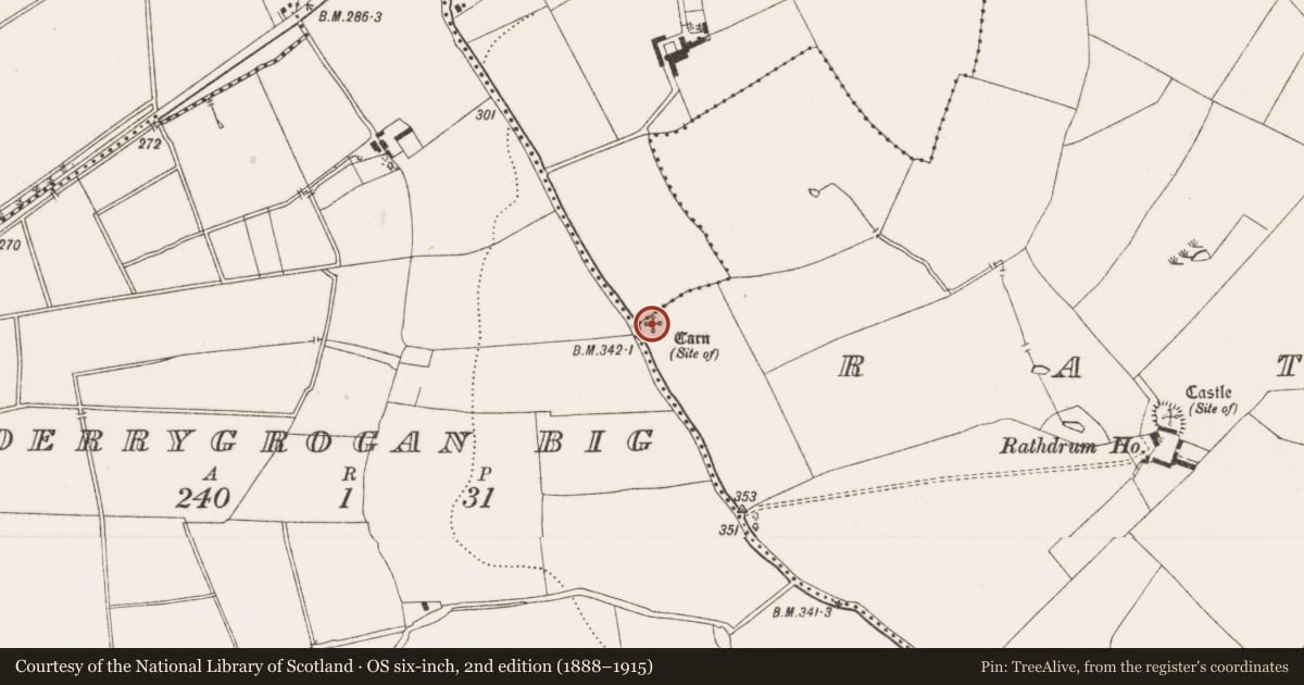 Ordnance Survey six-inch map, 2nd edition (1888–1915) covering the location of Bullaun stone, Rathdrum, County Offaly, with a pin at the register's coordinates