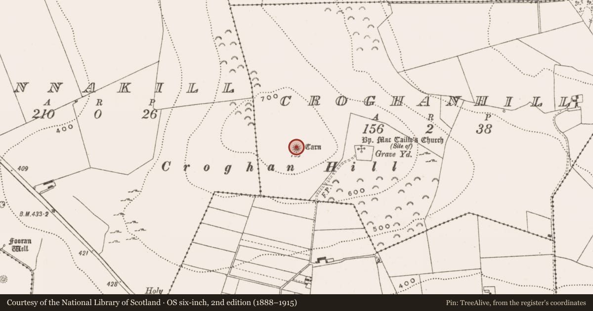 Ordnance Survey six-inch map, 2nd edition (1888–1915) covering the location of Barrow - bowl-barrow, Croghanhill, County Offaly, with a pin at the register's coordinates