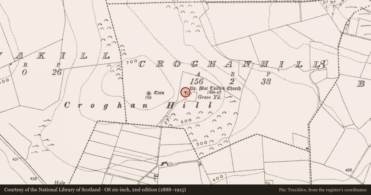 Ordnance Survey six-inch map, 2nd edition (1888–1915) covering the location of Church, Croghanhill, County Offaly, with a pin at the register's coordinates