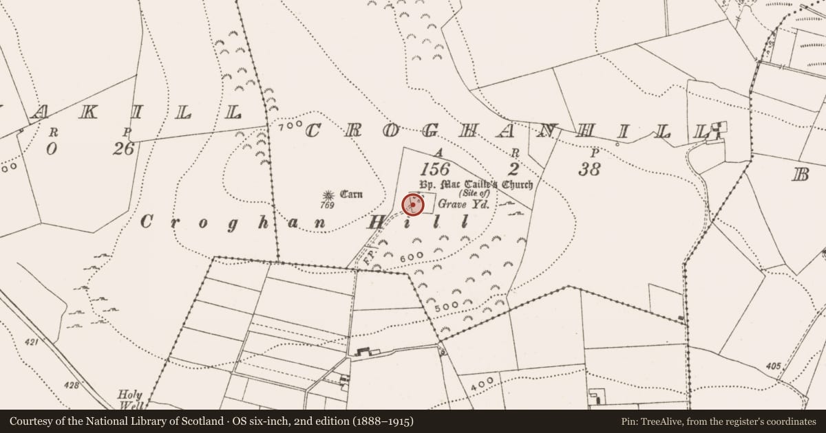 Ordnance Survey six-inch map, 2nd edition (1888–1915) covering the location of Graveslab, Croghanhill, County Offaly, with a pin at the register's coordinates