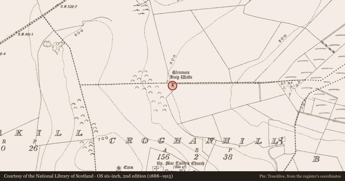Ordnance Survey six-inch map, 2nd edition (1888–1915) covering the location of Ritual site - holy well, Croghanhill, County Offaly, with a pin at the register's coordinates
