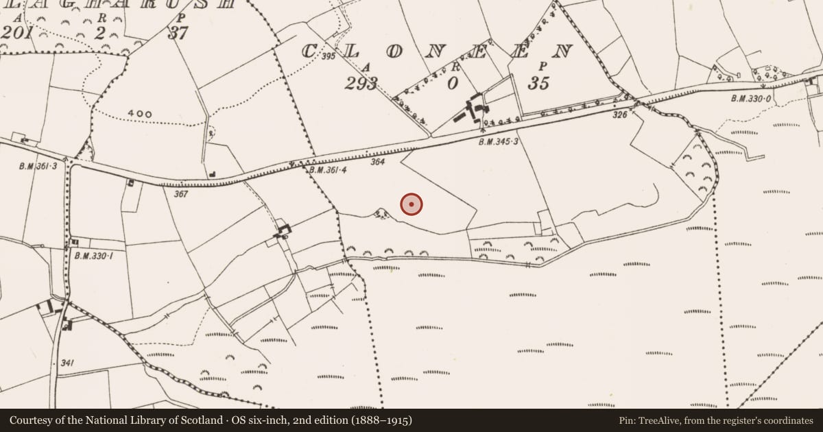 Ordnance Survey six-inch map, 2nd edition (1888–1915) covering the location of Enclosure, Cloneen, County Offaly, with a pin at the register's coordinates