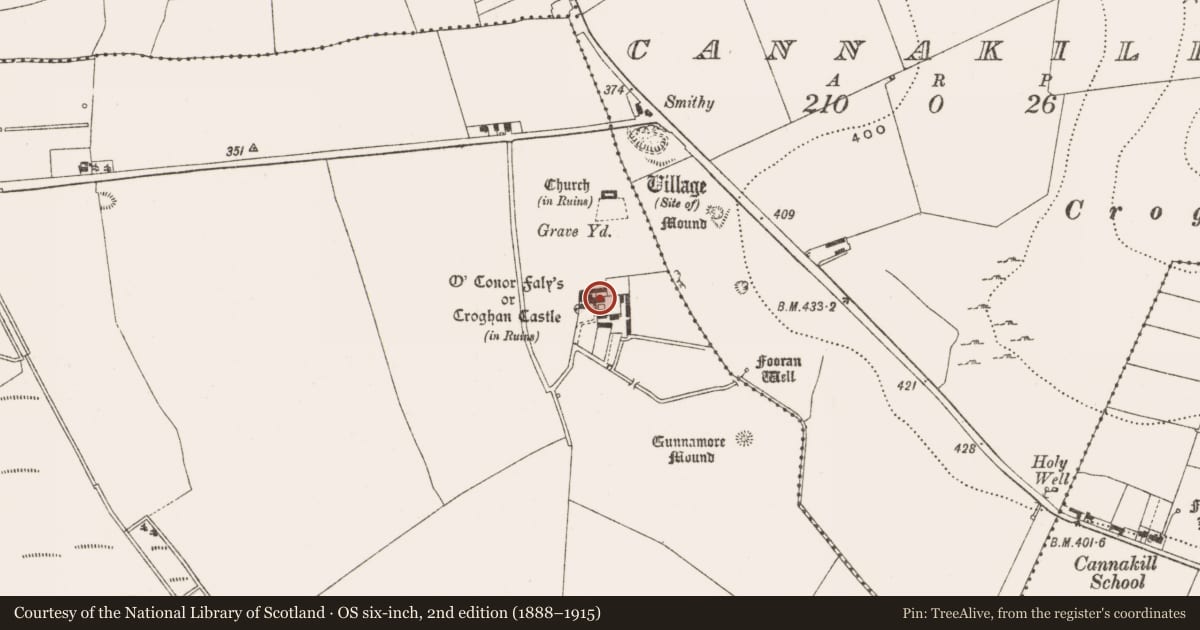 Ordnance Survey six-inch map, 2nd edition (1888–1915) covering the location of House - fortified house, Oldcroghan, County Offaly, with a pin at the register's coordinates