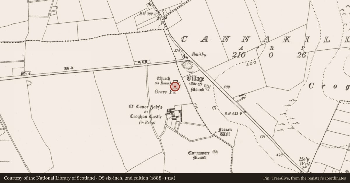 Ordnance Survey six-inch map, 2nd edition (1888–1915) covering the location of Graveyard, Oldcroghan, County Offaly, with a pin at the register's coordinates
