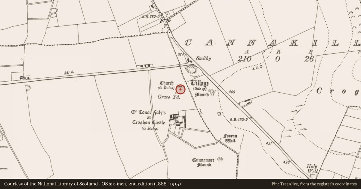 Ordnance Survey six-inch map, 2nd edition (1888–1915) covering the location of Graveslab, Oldcroghan, County Offaly, with a pin at the register's coordinates
