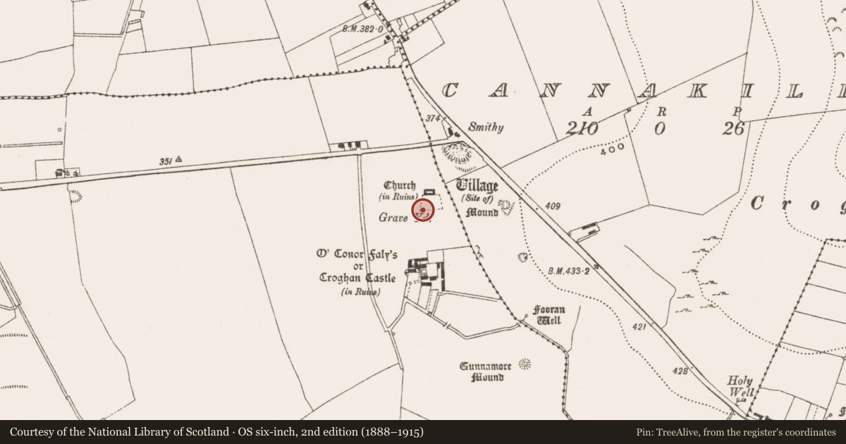 Ordnance Survey six-inch map, 2nd edition (1888–1915) covering the location of Souterrain, Oldcroghan, County Offaly, with a pin at the register's coordinates