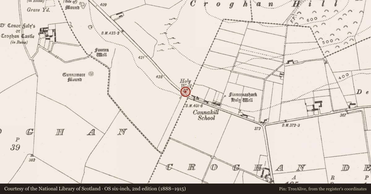 Ordnance Survey six-inch map, 2nd edition (1888–1915) covering the location of Ritual site - holy well, Cannakill, County Offaly, with a pin at the register's coordinates