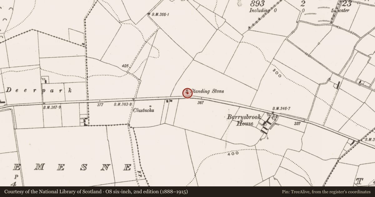 Ordnance Survey six-inch map, 2nd edition (1888–1915) covering the location of Standing stone, Barrysbrook, County Offaly, with a pin at the register's coordinates