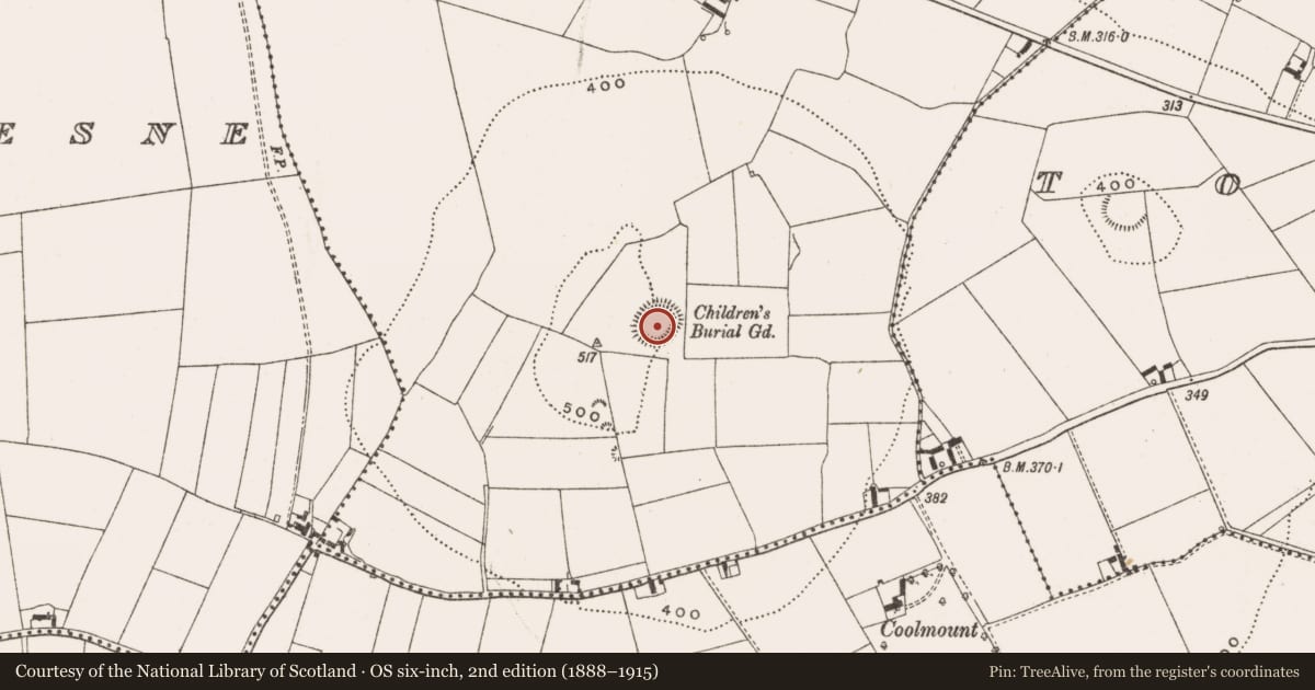 Ordnance Survey six-inch map, 2nd edition (1888–1915) covering the location of Children's burial ground, Barrysbrook, County Offaly, with a pin at the register's coordinates