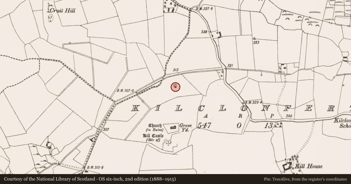 Ordnance Survey six-inch map, 2nd edition (1888–1915) covering the location of Barrow - bowl-barrow, Kilclonfert, County Offaly, with a pin at the register's coordinates