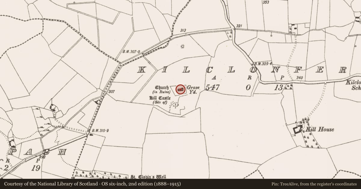 Ordnance Survey six-inch map, 2nd edition (1888–1915) covering the location of Church, Kilclonfert, County Offaly, with a pin at the register's coordinates