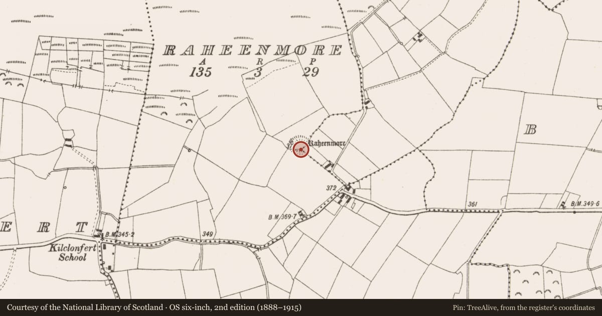 Ordnance Survey six-inch map, 2nd edition (1888–1915) covering the location of Enclosure, Puttaghan, Raheenmore, County Offaly, with a pin at the register's coordinates