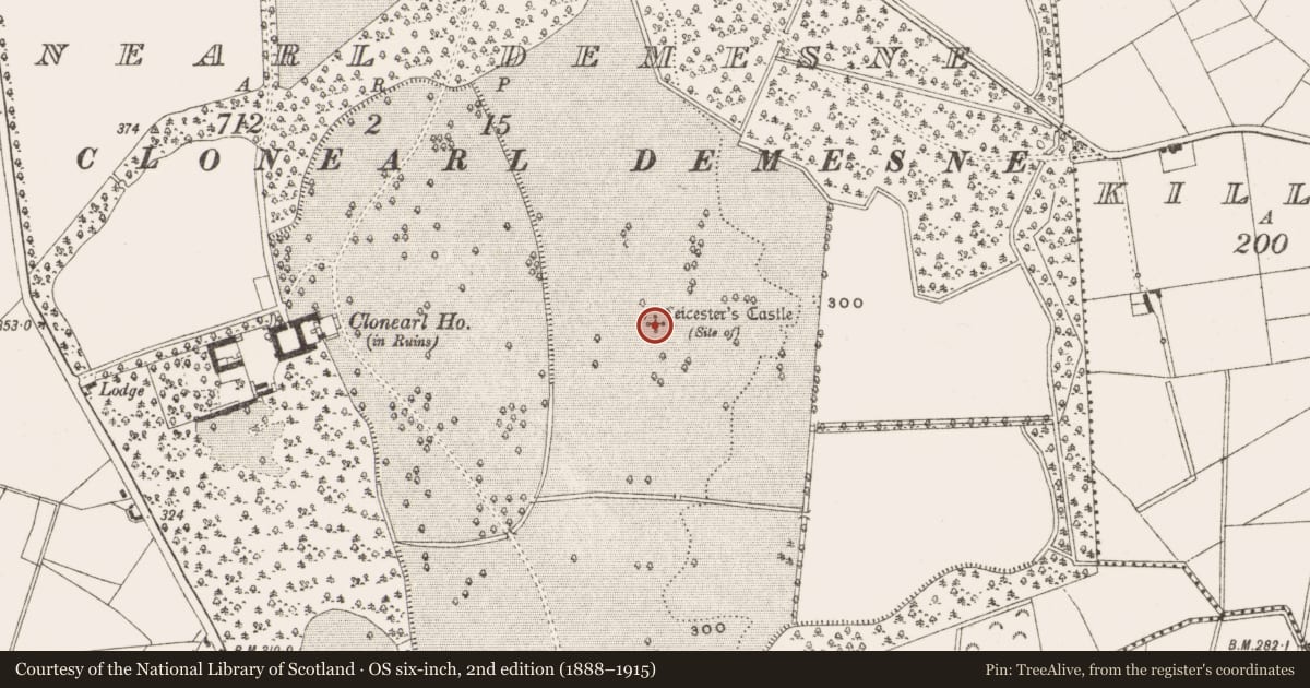 Ordnance Survey six-inch map, 2nd edition (1888–1915) covering the location of Castle - tower house, Clonearl Demesne, County Offaly, with a pin at the register's coordinates