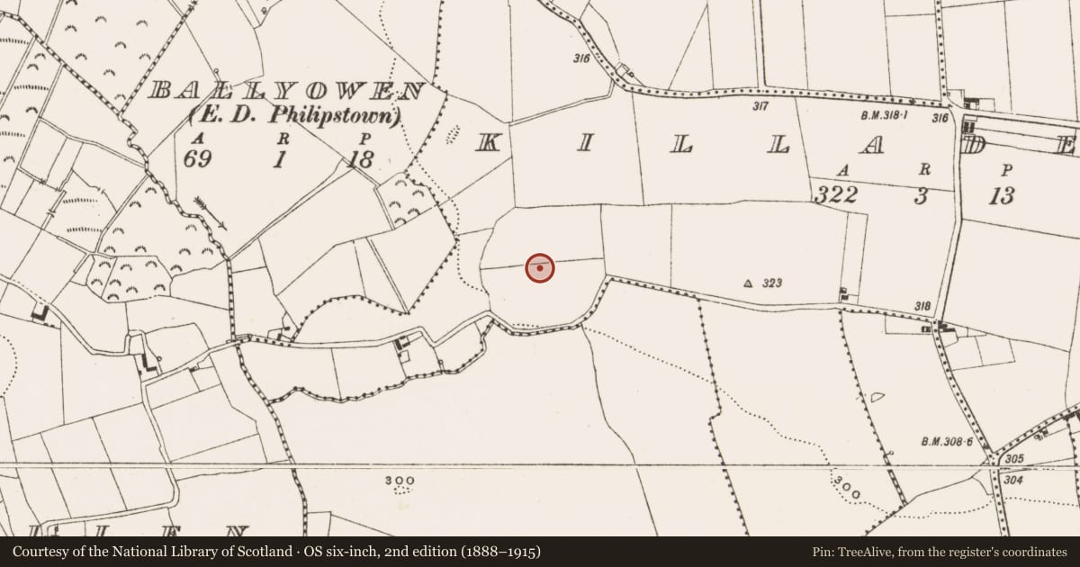 Ordnance Survey six-inch map, 2nd edition (1888–1915) covering the location of Enclosure, Killaderry, County Offaly, with a pin at the register's coordinates