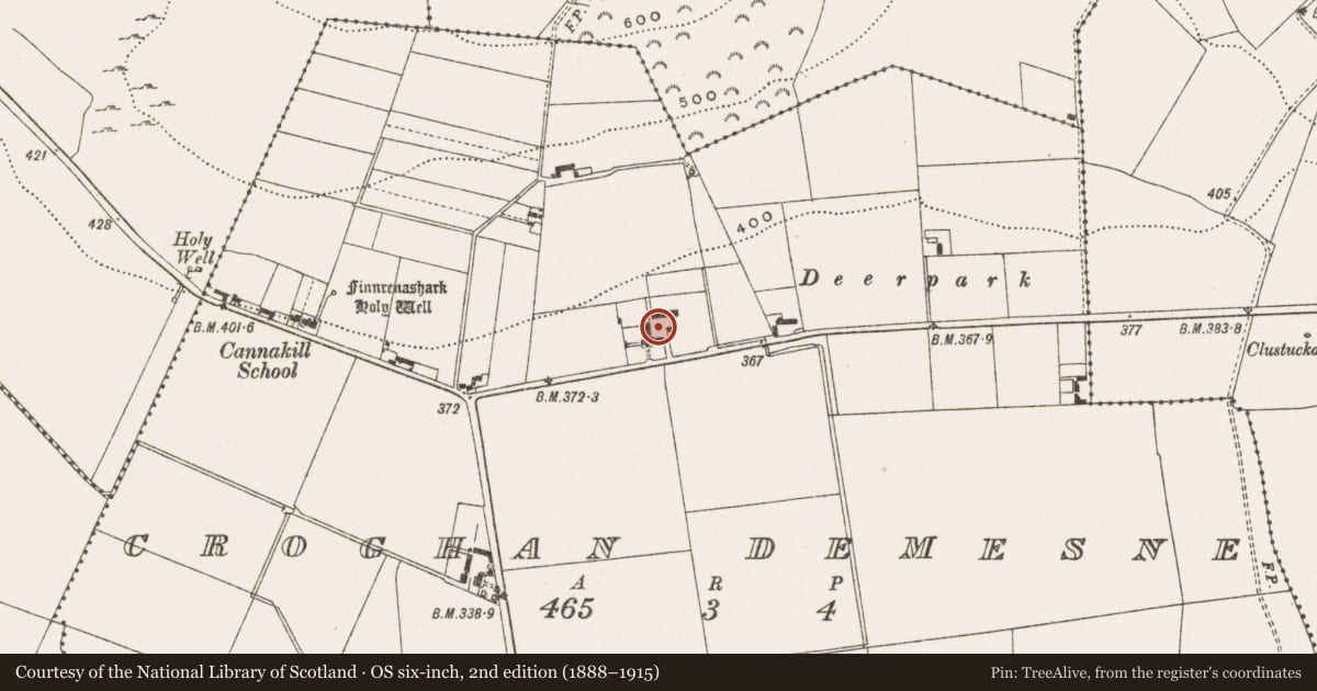 Ordnance Survey six-inch map, 2nd edition (1888–1915) covering the location of Inscribed stone, Croghan Demesne, County Offaly, with a pin at the register's coordinates