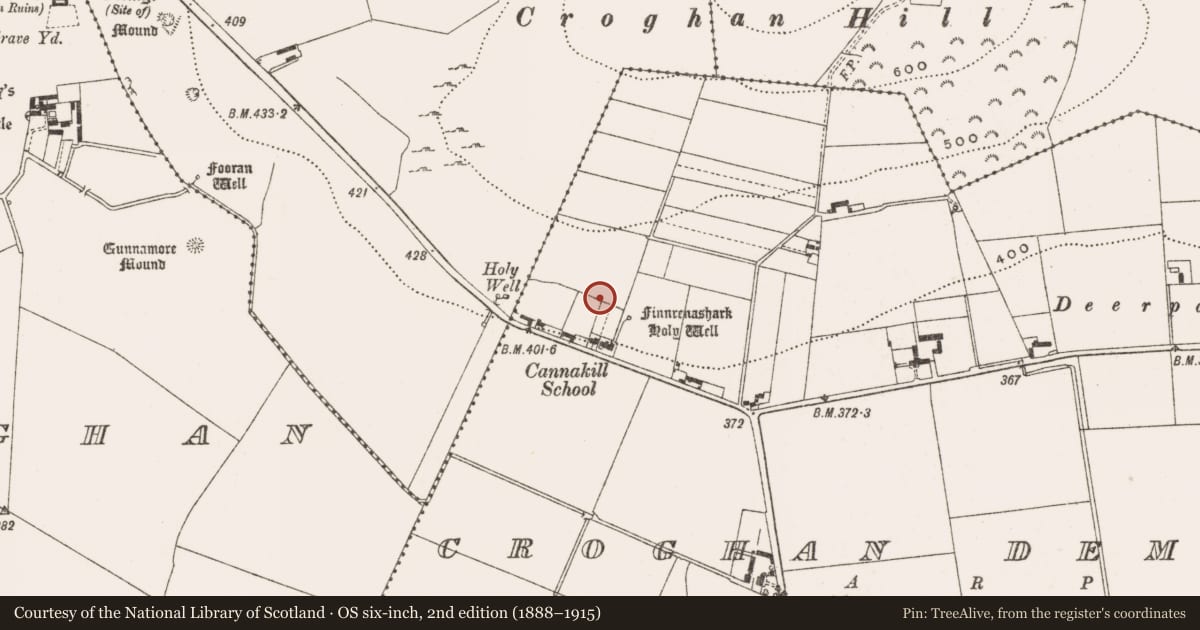 Ordnance Survey six-inch map, 2nd edition (1888–1915) covering the location of Burial ground, Croghan Demesne, County Offaly, with a pin at the register's coordinates