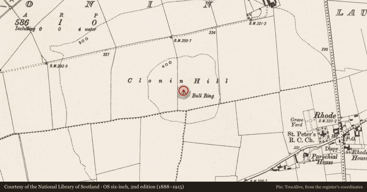 Ordnance Survey six-inch map, 2nd edition (1888–1915) covering the location of Barrow - ring-barrow, Clonin, County Offaly, with a pin at the register's coordinates