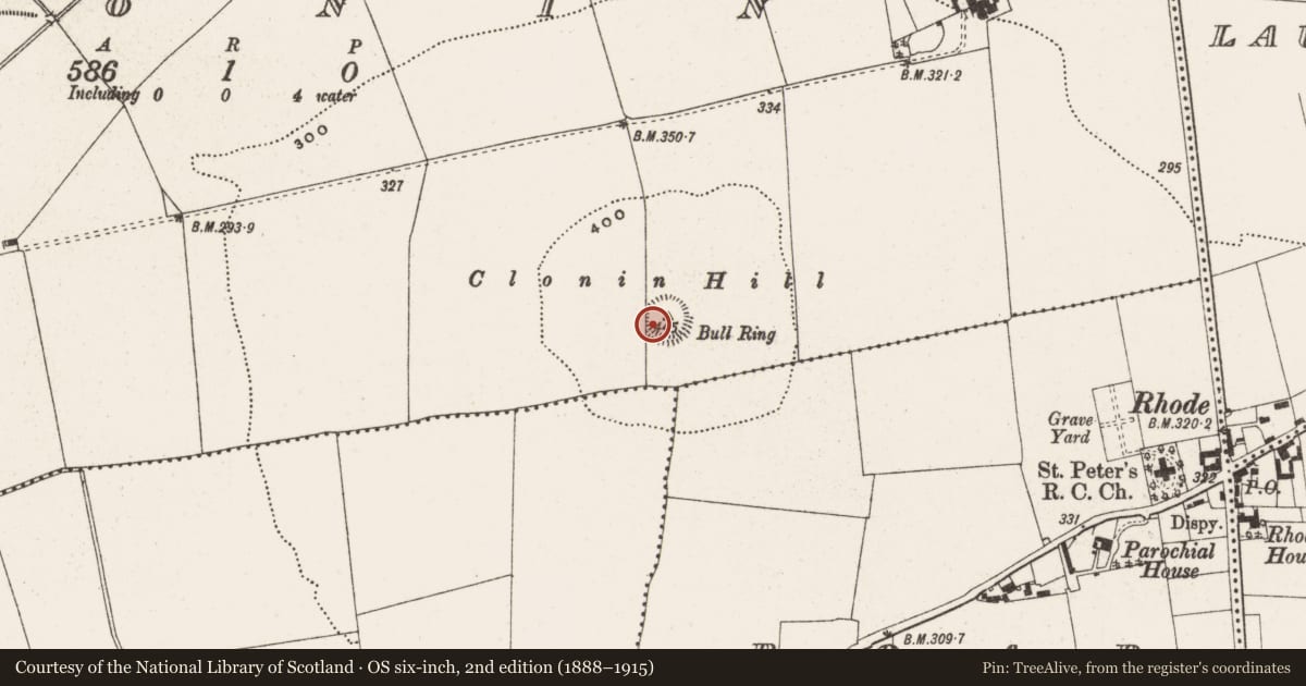 Ordnance Survey six-inch map, 2nd edition (1888–1915) covering the location of Mass-rock, Clonin, County Offaly, with a pin at the register's coordinates