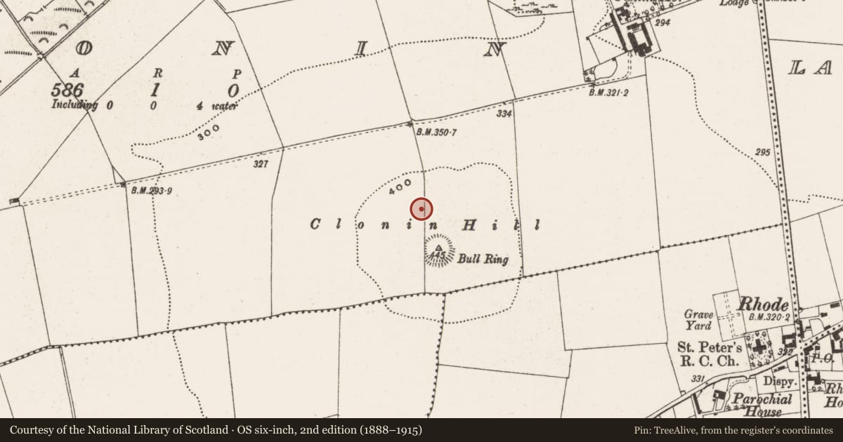 Ordnance Survey six-inch map, 2nd edition (1888–1915) covering the location of Barrow - ring-barrow, Clonin, County Offaly, with a pin at the register's coordinates