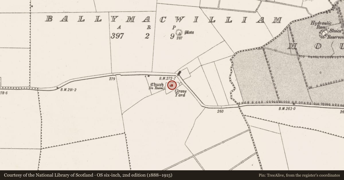 Ordnance Survey six-inch map, 2nd edition (1888–1915) covering the location of Church, Ballymacwilliam, County Offaly, with a pin at the register's coordinates