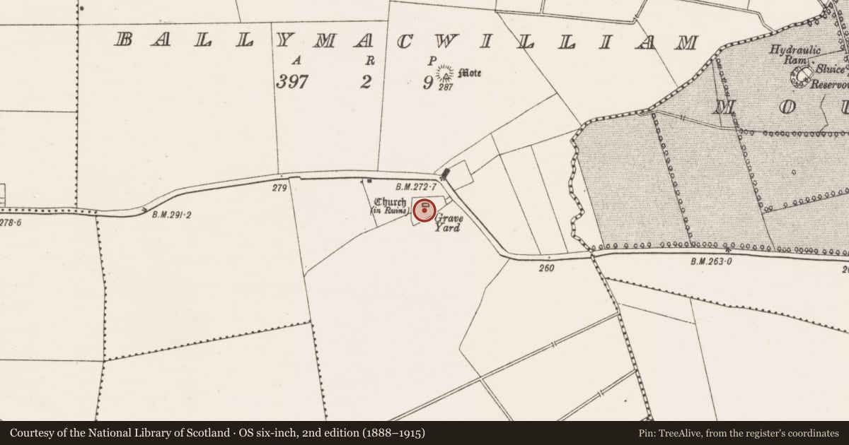 Ordnance Survey six-inch map, 2nd edition (1888–1915) covering the location of Graveyard, Ballymacwilliam, County Offaly, with a pin at the register's coordinates