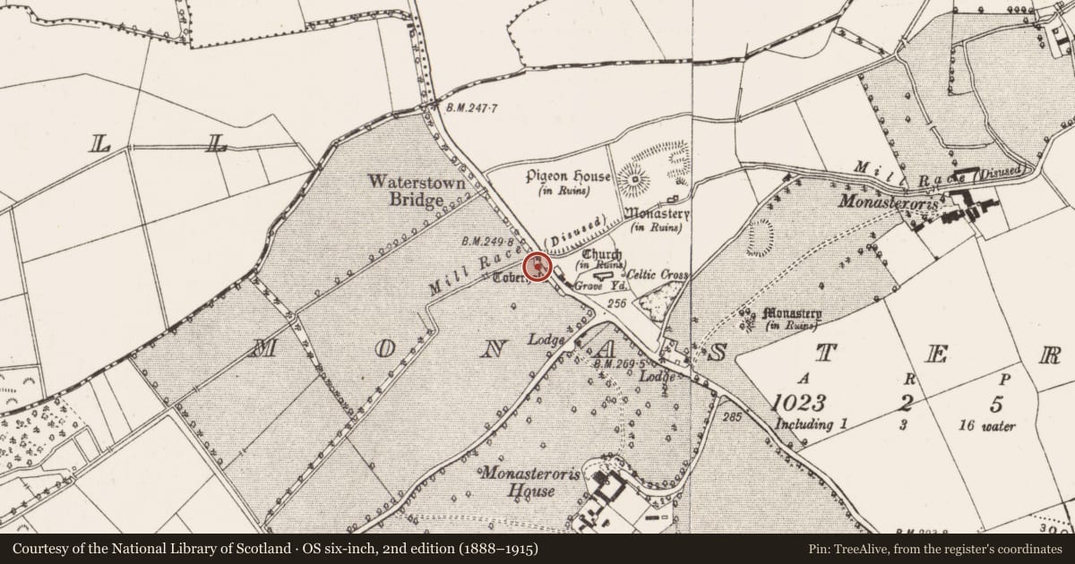 Ordnance Survey six-inch map, 2nd edition (1888–1915) covering the location of Ritual site - holy well, Monasteroris, County Offaly, with a pin at the register's coordinates