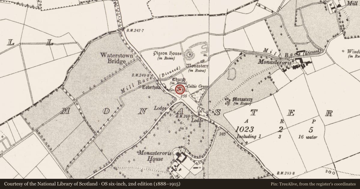 Ordnance Survey six-inch map, 2nd edition (1888–1915) covering the location of Graveyard, Monasteroris, County Offaly, with a pin at the register's coordinates