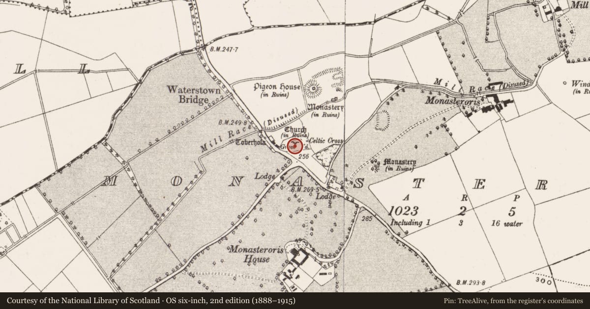 Ordnance Survey six-inch map, 2nd edition (1888–1915) covering the location of Headstone, Monasteroris, County Offaly, with a pin at the register's coordinates