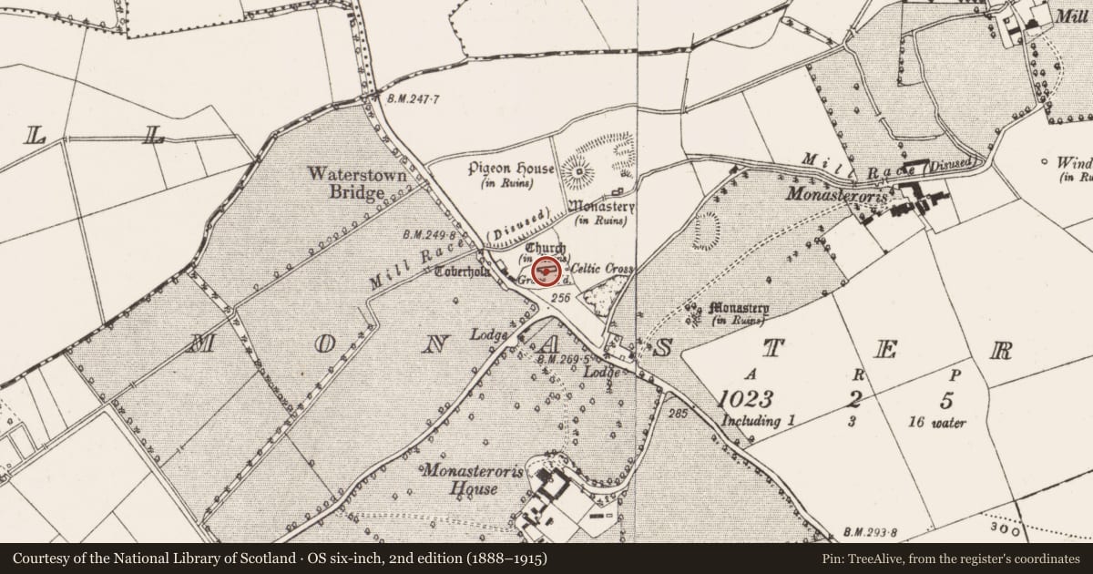 Ordnance Survey six-inch map, 2nd edition (1888–1915) covering the location of Font, Monasteroris, County Offaly, with a pin at the register's coordinates