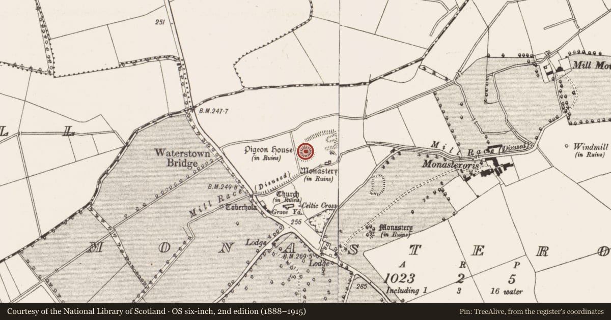 Ordnance Survey six-inch map, 2nd edition (1888–1915) covering the location of Dovecote, Monasteroris, County Offaly, with a pin at the register's coordinates